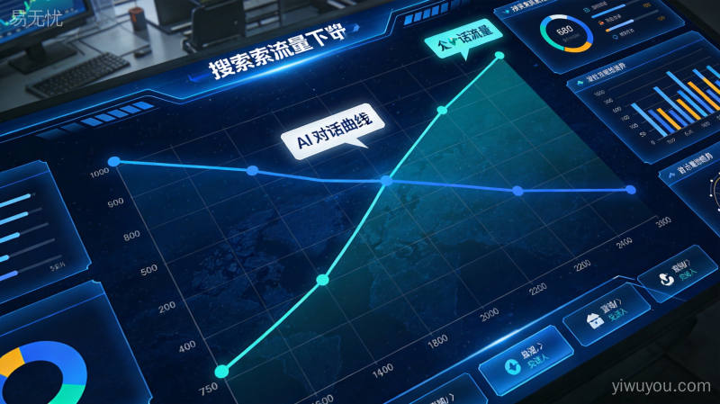 2026年企业获客渠道流量变化趋势,AI搜索引流与传统搜索引擎流量对比数据大屏