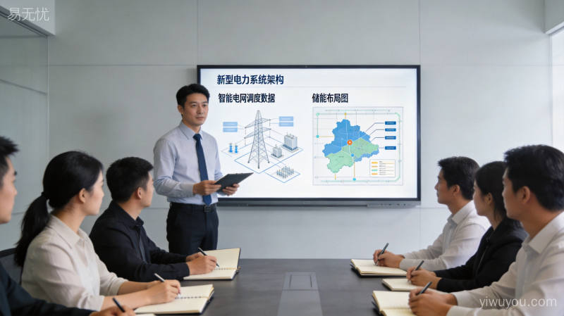 企业会议室内项目经理在大屏幕前展示新型电力系统架构方案与储能布局图,与会者认真记录,现代简约商务氛围中景视角