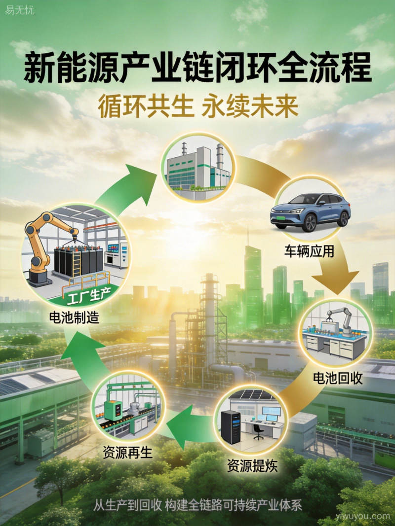 新能源产业链闭环概念图展示电池制造到回收再利用完整循环