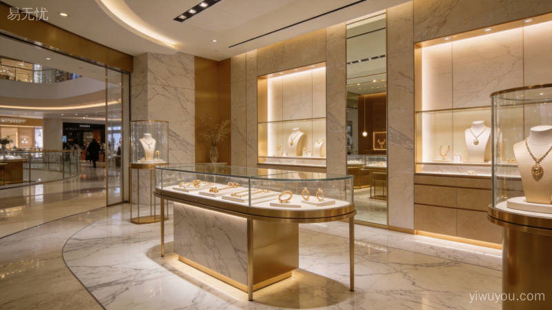 高端黄金珠宝精品店内景,大理石地面搭配柔和灯光展示精美金饰