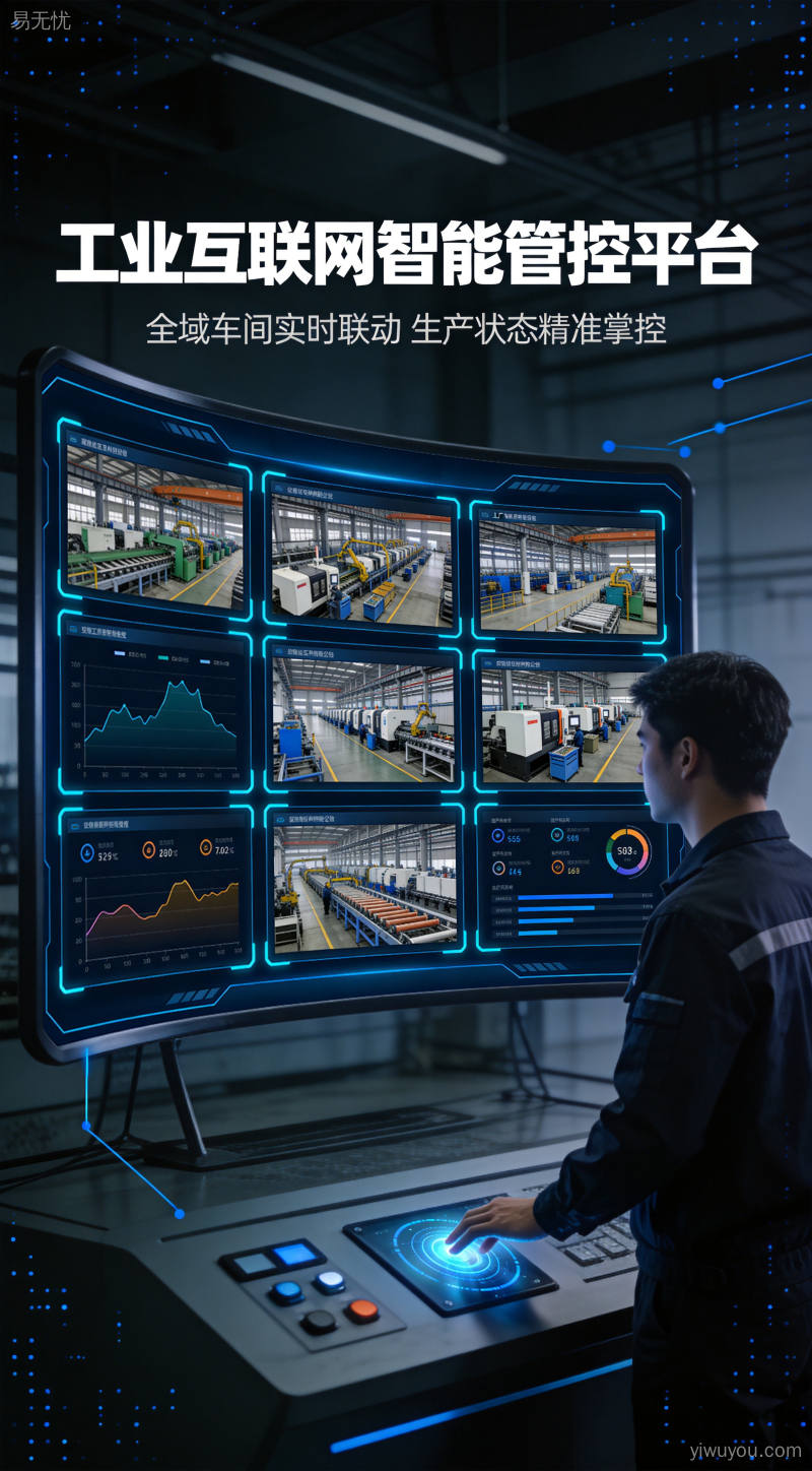 数字化工业互联网平台控制面板上多工厂实时监控画面和数据曲线的管理界面