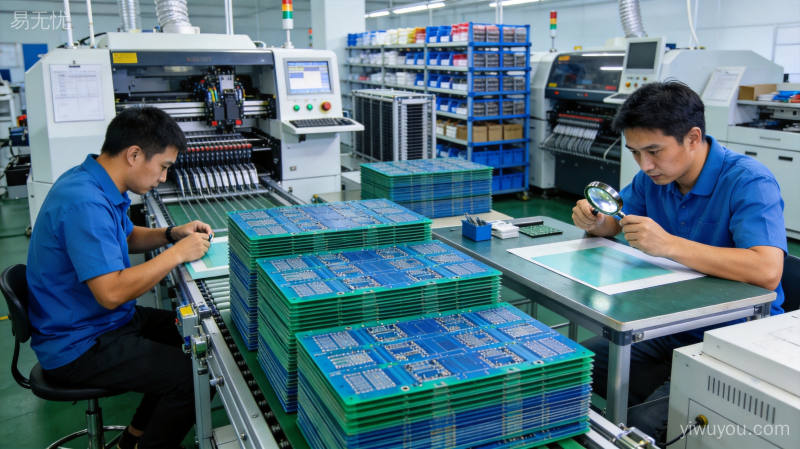 PCB生产车间内自动化产线上堆叠的蓝绿色线路板和质检台上的半固化片材料