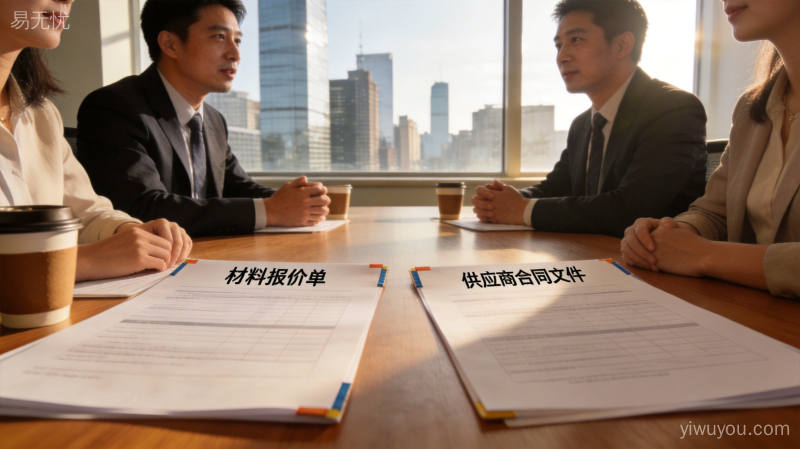 商务会议室中采购团队围坐讨论供应链策略和材料报价单的协商场景