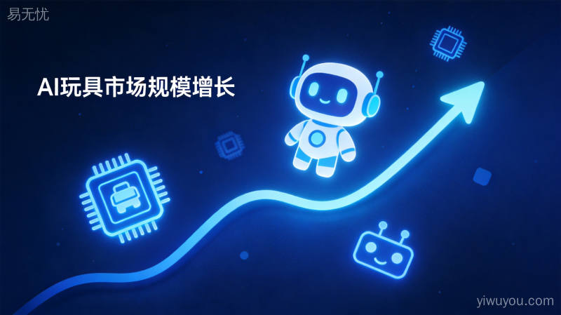深蓝科技背景上AI玩具市场增长趋势曲线与芯片图标组合,呈现千亿赛道前景