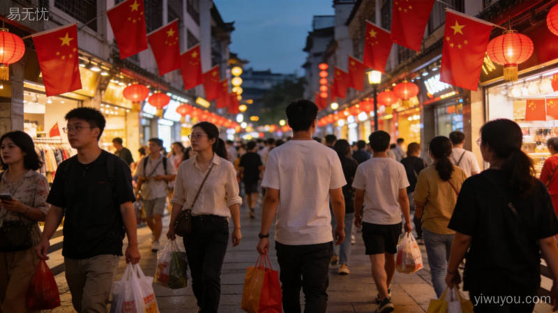 国庆假期城市商业街人流如织，店铺挂满国旗灯笼，节日消费氛围浓厚